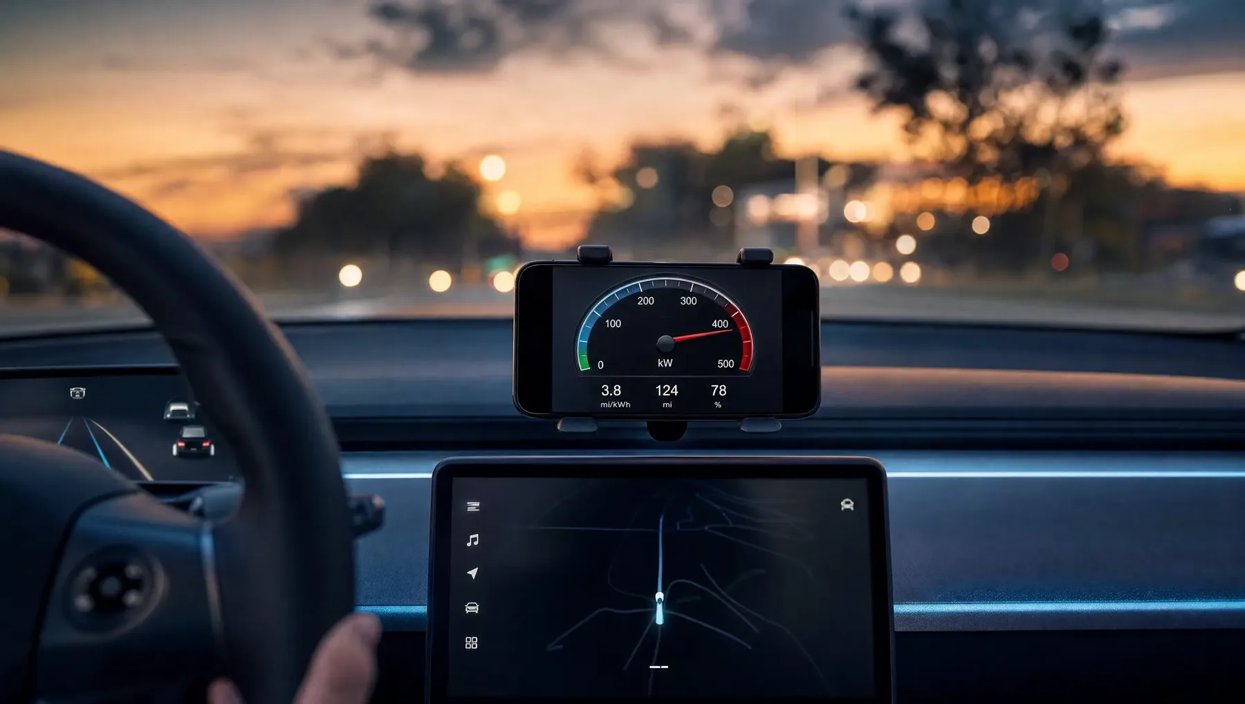 iPhone mounted above a car's touchscreen showing the EVgauge power dial, miles per kWh, range and battery