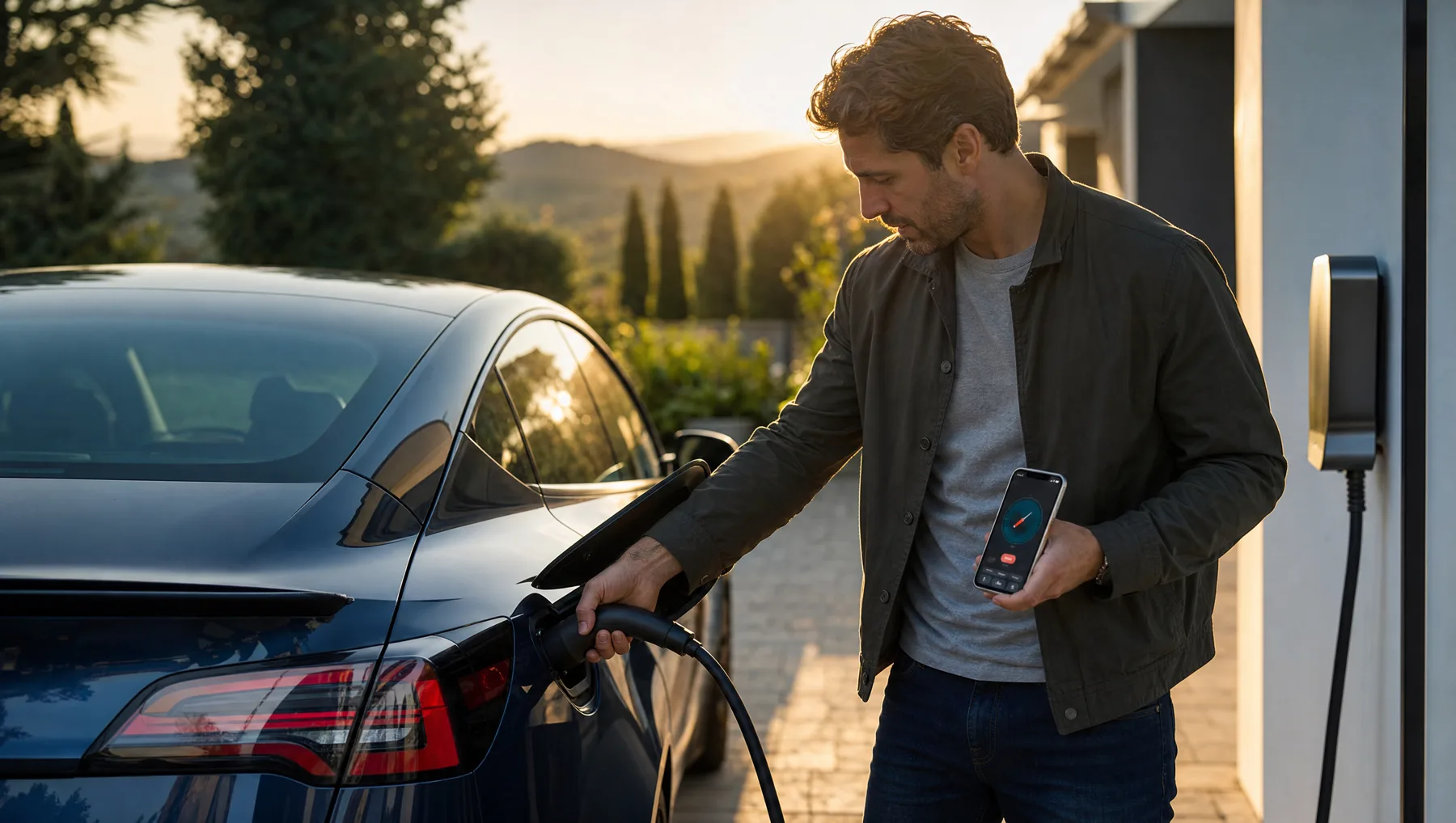 A man unplugging a charging cable from his electric car while looking at the EVgauge app
